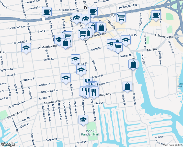map of restaurants, bars, coffee shops, grocery stores, and more near 88 East Avenue in Freeport