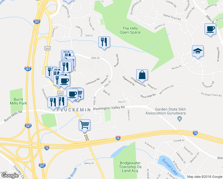 map of restaurants, bars, coffee shops, grocery stores, and more near 12 Exeter Road in Bedminster Township