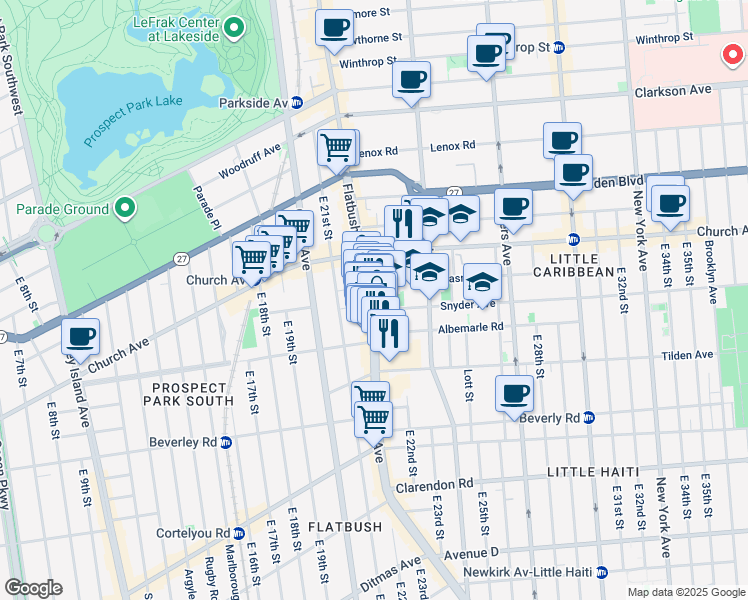 map of restaurants, bars, coffee shops, grocery stores, and more near 10 Snyder Avenue in Brooklyn