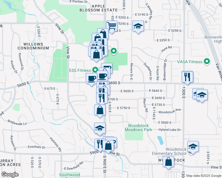 map of restaurants, bars, coffee shops, grocery stores, and more near 927 East 5650 South in Salt Lake City