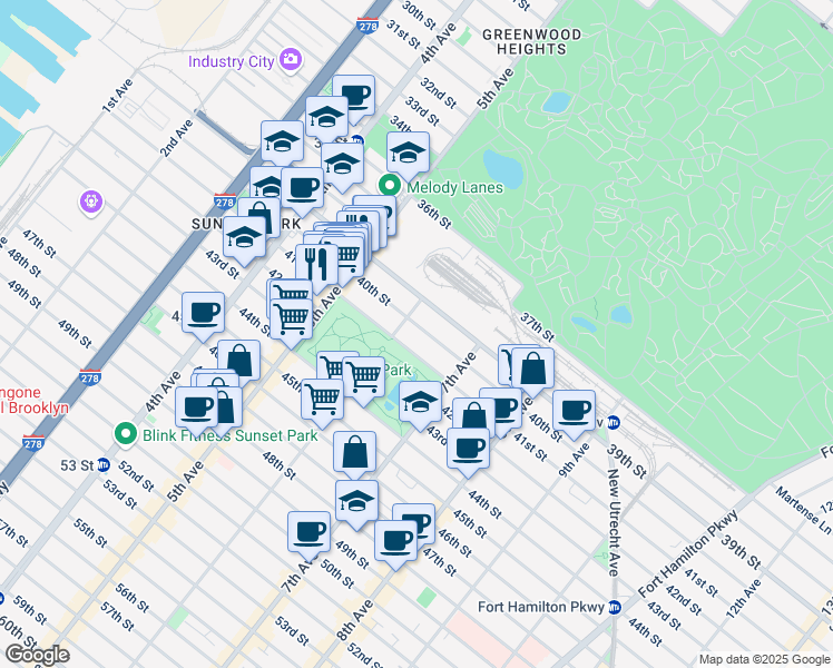 map of restaurants, bars, coffee shops, grocery stores, and more near 619 41st Street in Brooklyn