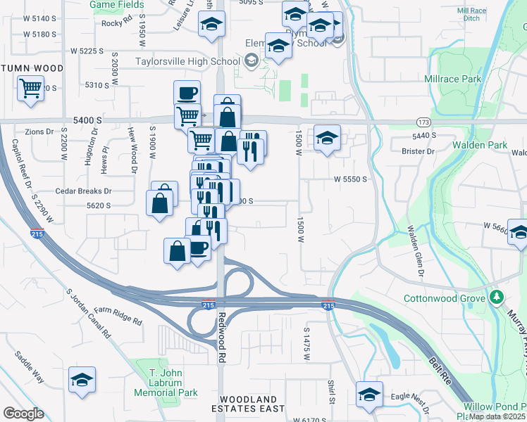 map of restaurants, bars, coffee shops, grocery stores, and more near 1680 West Thornhill Drive in Salt Lake City