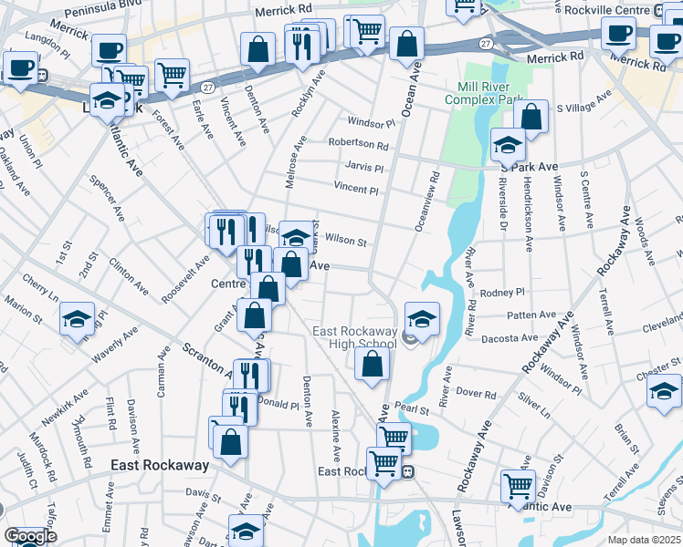 map of restaurants, bars, coffee shops, grocery stores, and more near 99 Centre Avenue in East Rockaway