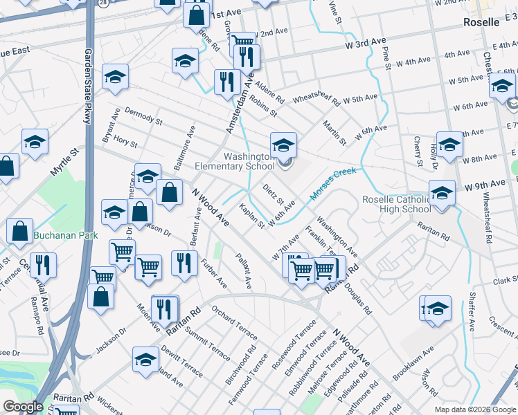 map of restaurants, bars, coffee shops, grocery stores, and more near 522 Hory Street in Roselle