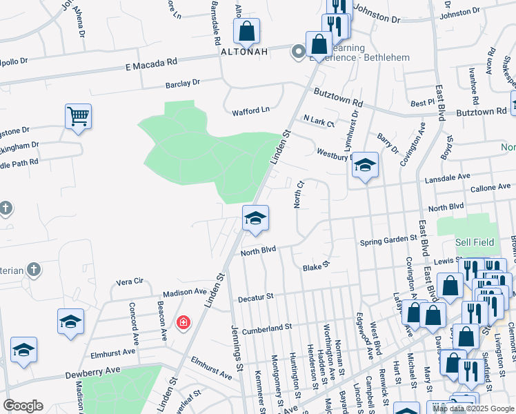 map of restaurants, bars, coffee shops, grocery stores, and more near 2526 Linden Street in Bethlehem