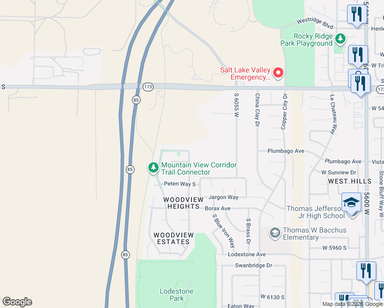map of restaurants, bars, coffee shops, grocery stores, and more near 6220 Chama Way in West Valley City