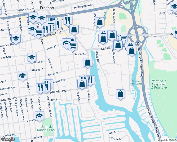 map of restaurants, bars, coffee shops, grocery stores, and more near 337 South Main Street in Freeport