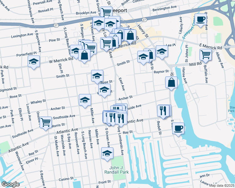 map of restaurants, bars, coffee shops, grocery stores, and more near 88 East Avenue in Freeport
