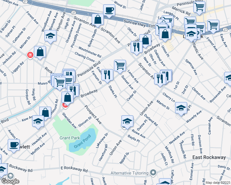 map of restaurants, bars, coffee shops, grocery stores, and more near 25 Starks Place in Lynbrook