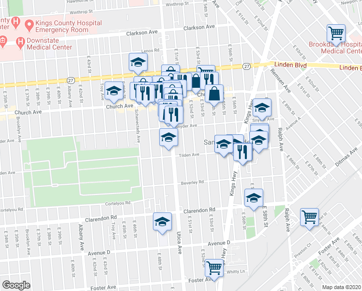 map of restaurants, bars, coffee shops, grocery stores, and more near 5101 Tilden Avenue in Brooklyn