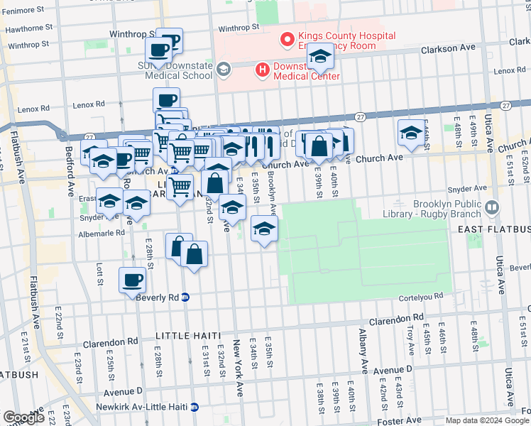 map of restaurants, bars, coffee shops, grocery stores, and more near 1026 Brooklyn Avenue in Brooklyn