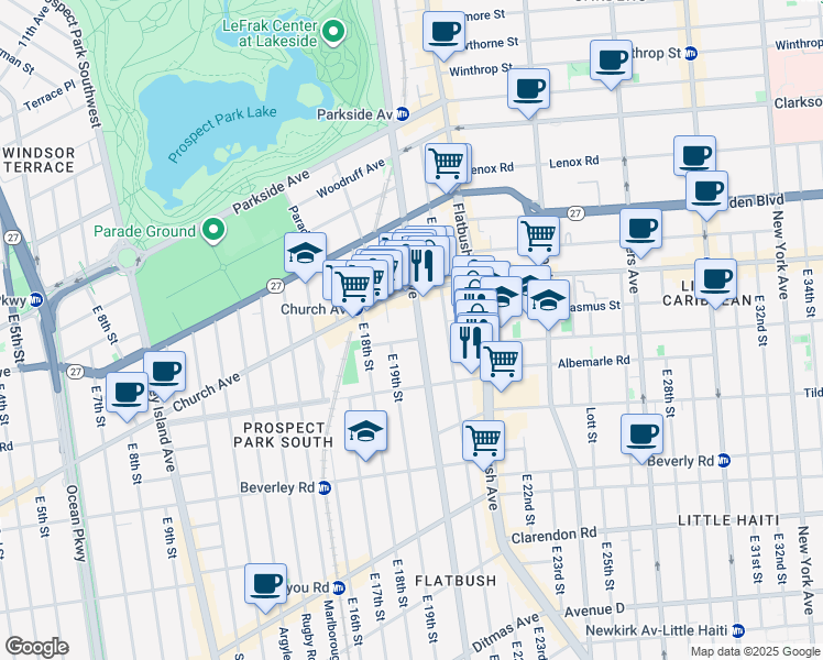 map of restaurants, bars, coffee shops, grocery stores, and more near 575 Ocean Avenue in Brooklyn