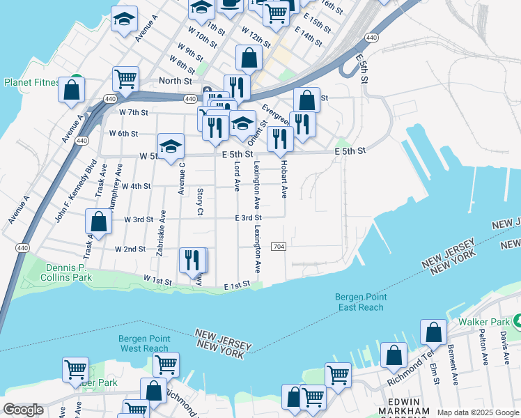 map of restaurants, bars, coffee shops, grocery stores, and more near 49 East 3rd Street in Bayonne