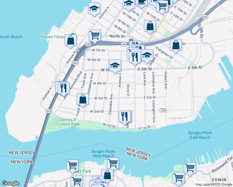 map of restaurants, bars, coffee shops, grocery stores, and more near 82-84 Zabriskie Avenue in Bayonne