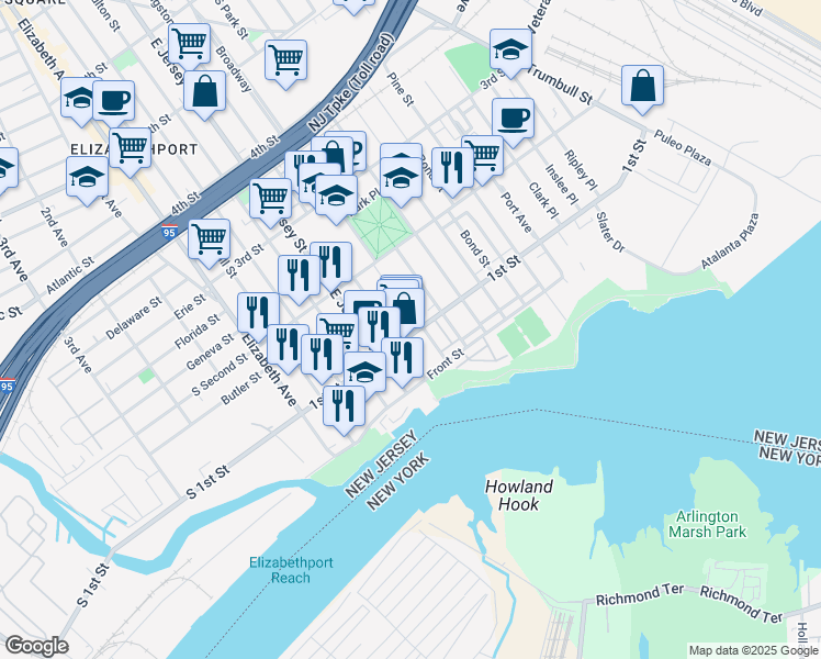 map of restaurants, bars, coffee shops, grocery stores, and more near 121 1st Street in Elizabeth
