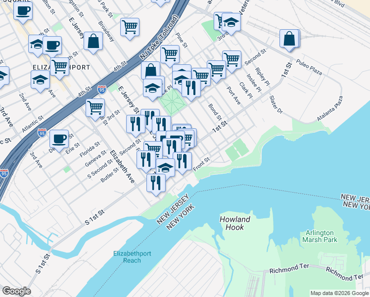 map of restaurants, bars, coffee shops, grocery stores, and more near 121 1st Street in Elizabeth