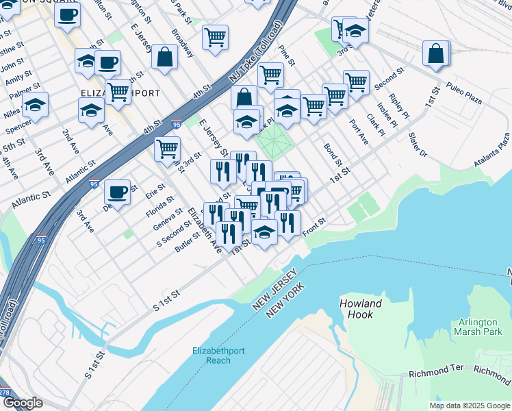 map of restaurants, bars, coffee shops, grocery stores, and more near 116 East Jersey Street in Elizabeth