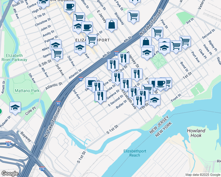 map of restaurants, bars, coffee shops, grocery stores, and more near 25 Geneva Street in Elizabeth