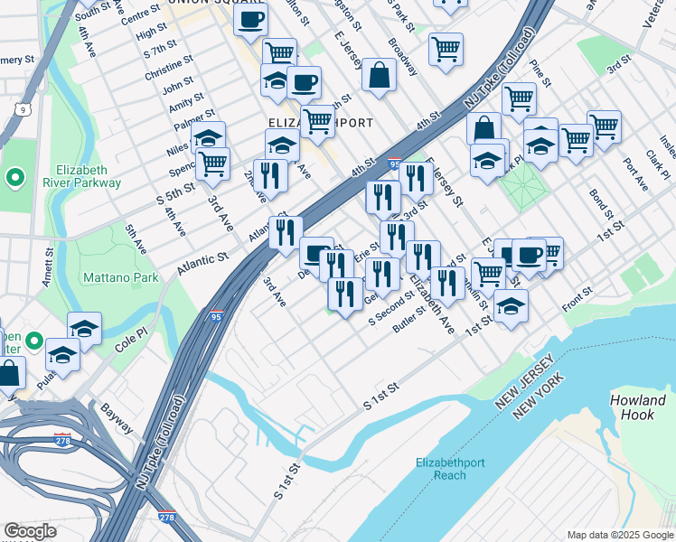 map of restaurants, bars, coffee shops, grocery stores, and more near 53 Florida Street in Elizabeth