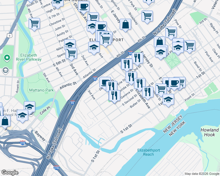 map of restaurants, bars, coffee shops, grocery stores, and more near 300 2nd Avenue in Elizabeth
