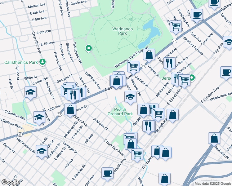 map of restaurants, bars, coffee shops, grocery stores, and more near 1601 Dill Avenue in Linden