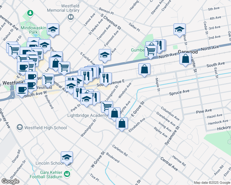 map of restaurants, bars, coffee shops, grocery stores, and more near 247 Windsor Avenue in Westfield
