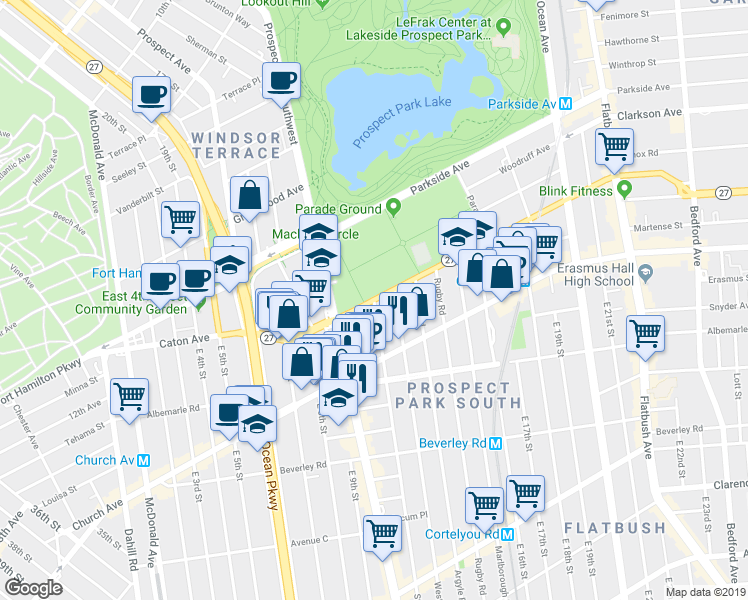 map of restaurants, bars, coffee shops, grocery stores, and more near Caton Ave & Stratford Rd in Brooklyn