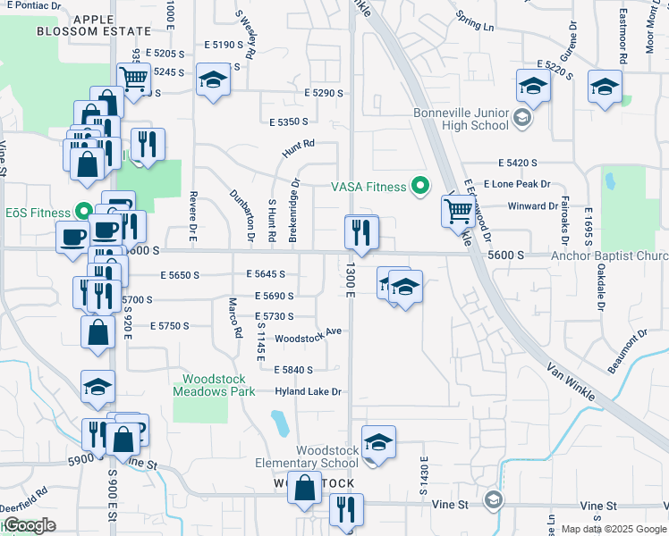 map of restaurants, bars, coffee shops, grocery stores, and more near 5633 South 1250 East in Murray