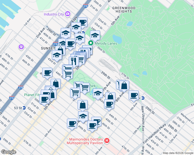 map of restaurants, bars, coffee shops, grocery stores, and more near 614 40th Street in Brooklyn