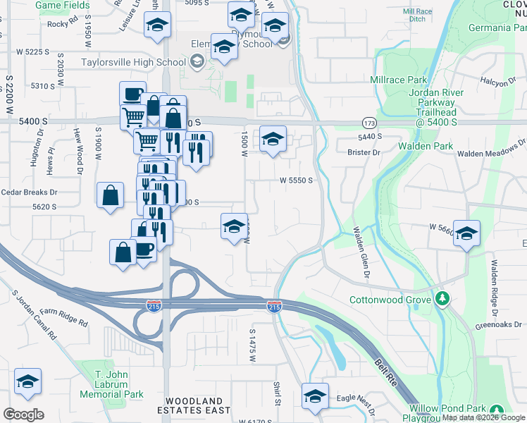 map of restaurants, bars, coffee shops, grocery stores, and more near 5633 Crosspark Drive in Taylorsville