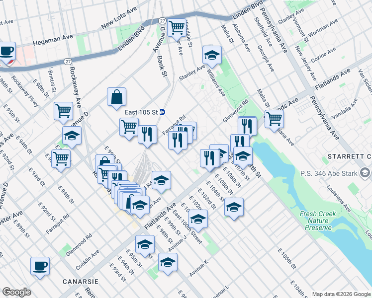 map of restaurants, bars, coffee shops, grocery stores, and more near 10317 Glenwood Road in Brooklyn