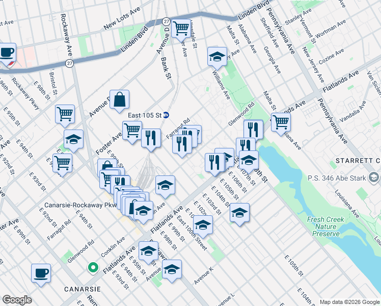 map of restaurants, bars, coffee shops, grocery stores, and more near 10317 Glenwood Road in Brooklyn