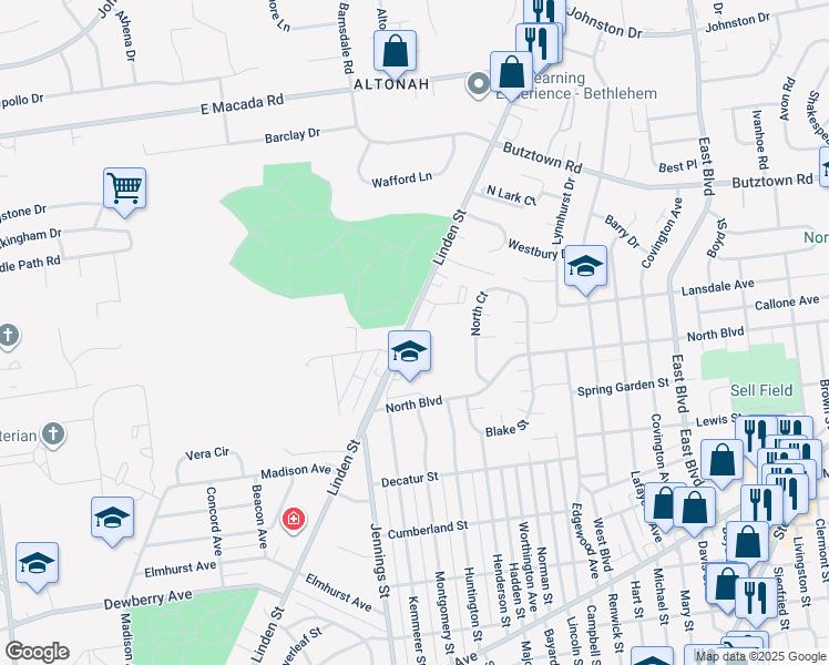 map of restaurants, bars, coffee shops, grocery stores, and more near 2526 Linden Street in Bethlehem