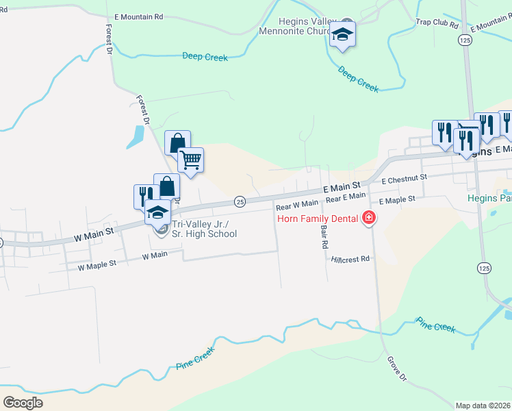 map of restaurants, bars, coffee shops, grocery stores, and more near 237 East Main Street in Hegins