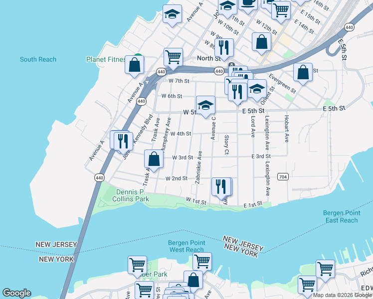 map of restaurants, bars, coffee shops, grocery stores, and more near 73 Newman Avenue in Bayonne