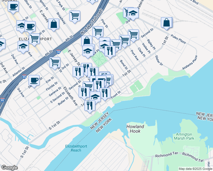 map of restaurants, bars, coffee shops, grocery stores, and more near 121 1st Street in Elizabeth