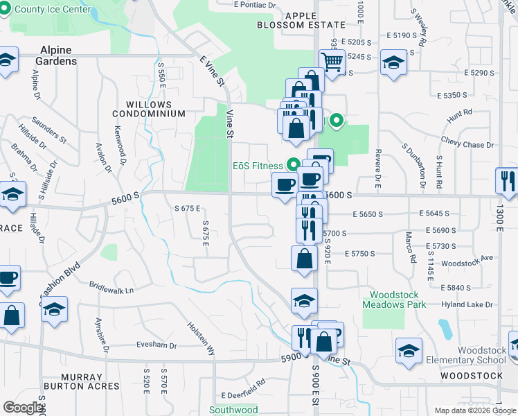 map of restaurants, bars, coffee shops, grocery stores, and more near 5627 South Justice Howe Lane in Murray