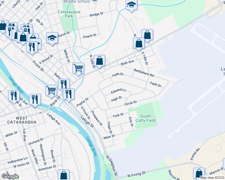 map of restaurants, bars, coffee shops, grocery stores, and more near 254 Edward Lane in Catasauqua