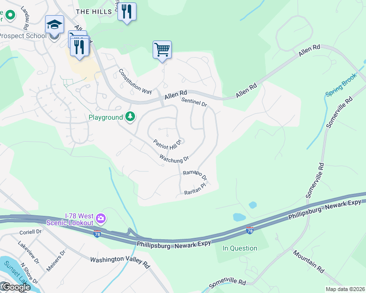 map of restaurants, bars, coffee shops, grocery stores, and more near 43 Watchung Drive in Basking Ridge