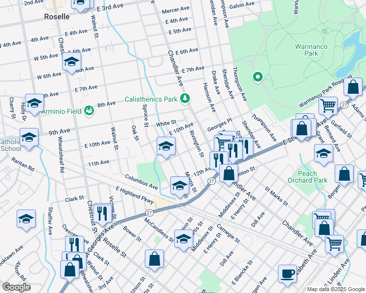 map of restaurants, bars, coffee shops, grocery stores, and more near 1100 Frank Street in Roselle