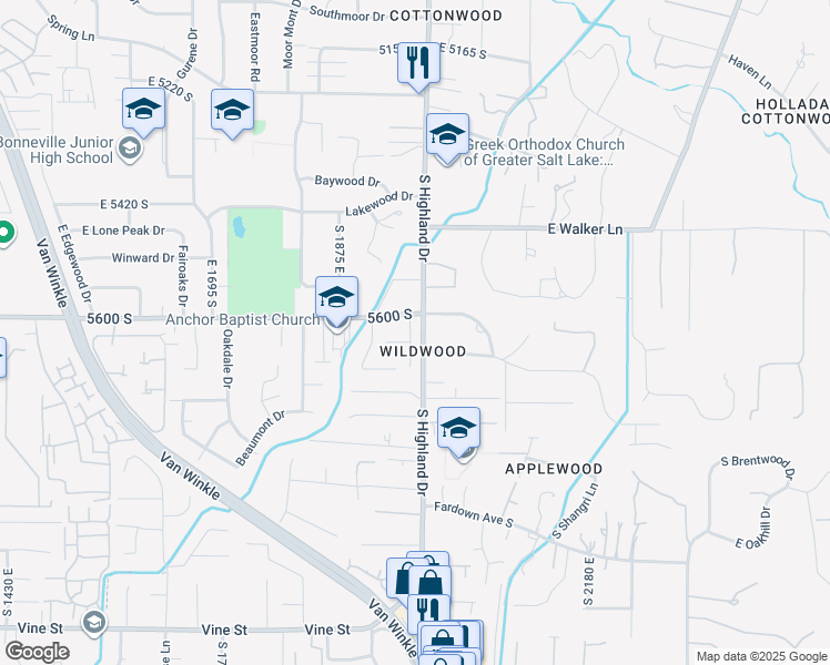 map of restaurants, bars, coffee shops, grocery stores, and more near 5625 Dunetree Hill Lane in Holladay