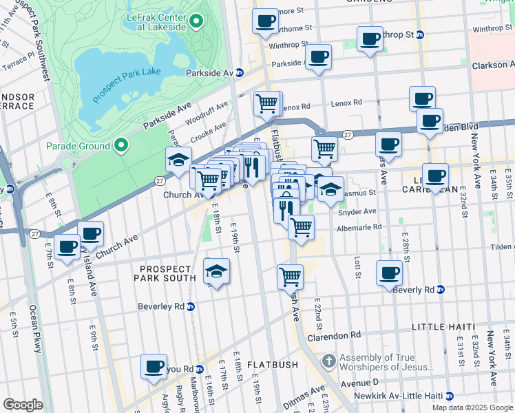 map of restaurants, bars, coffee shops, grocery stores, and more near 575 Ocean Avenue in Brooklyn