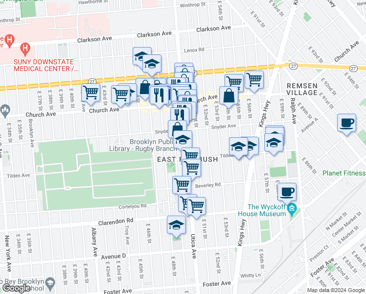 map of restaurants, bars, coffee shops, grocery stores, and more near 984 Utica Avenue in Brooklyn