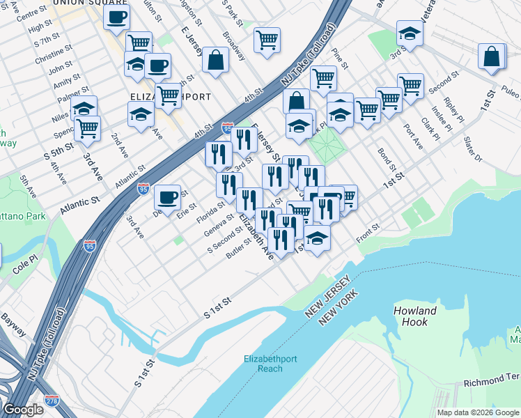 map of restaurants, bars, coffee shops, grocery stores, and more near 155 Marshall Street in Elizabeth