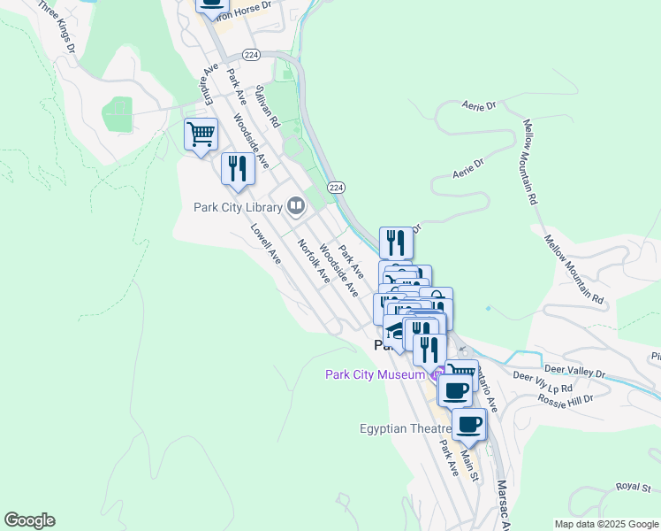 map of restaurants, bars, coffee shops, grocery stores, and more near 1027 Woodside Avenue in Park City