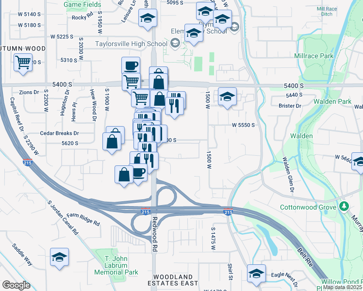map of restaurants, bars, coffee shops, grocery stores, and more near 5601 South Redwood Road in Taylorsville