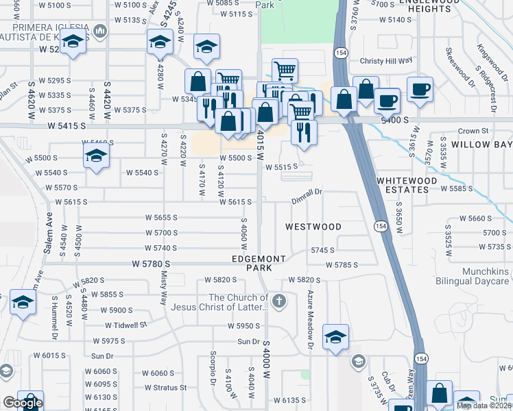 map of restaurants, bars, coffee shops, grocery stores, and more near 5644 4015 West in Kearns