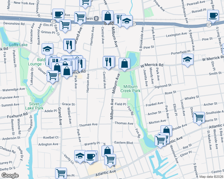 map of restaurants, bars, coffee shops, grocery stores, and more near 2538 Milburn Avenue in Baldwin