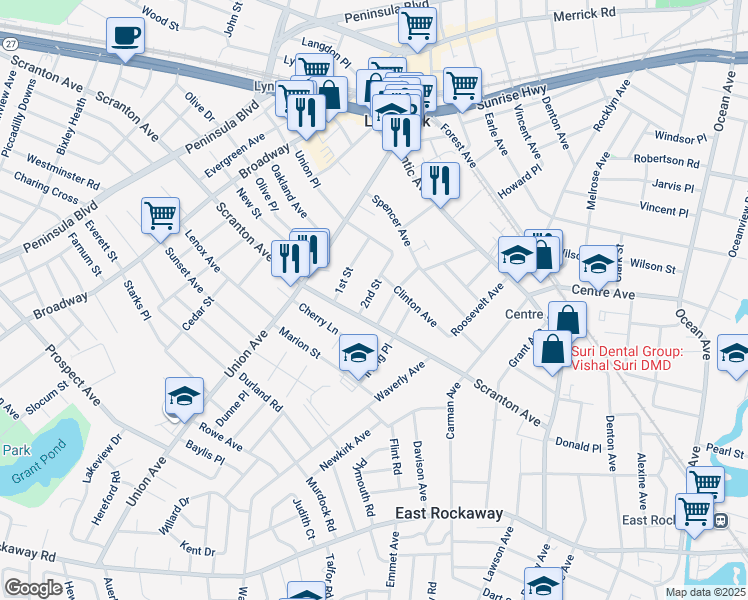 map of restaurants, bars, coffee shops, grocery stores, and more near 53 Watts Place in Lynbrook