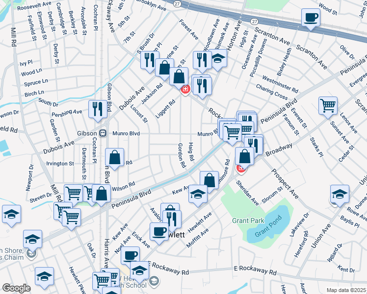 map of restaurants, bars, coffee shops, grocery stores, and more near 164 Page Road in Valley Stream